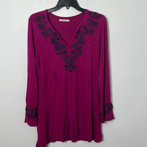 Caite Purple Floral Embroidered Long Sleeve V-neck Tunic